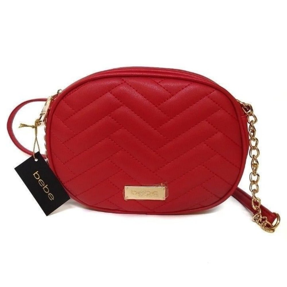 NWT Bebe "Sophia" Red Quilted Leather Canteen Purse Crossbody Strap Adjustable